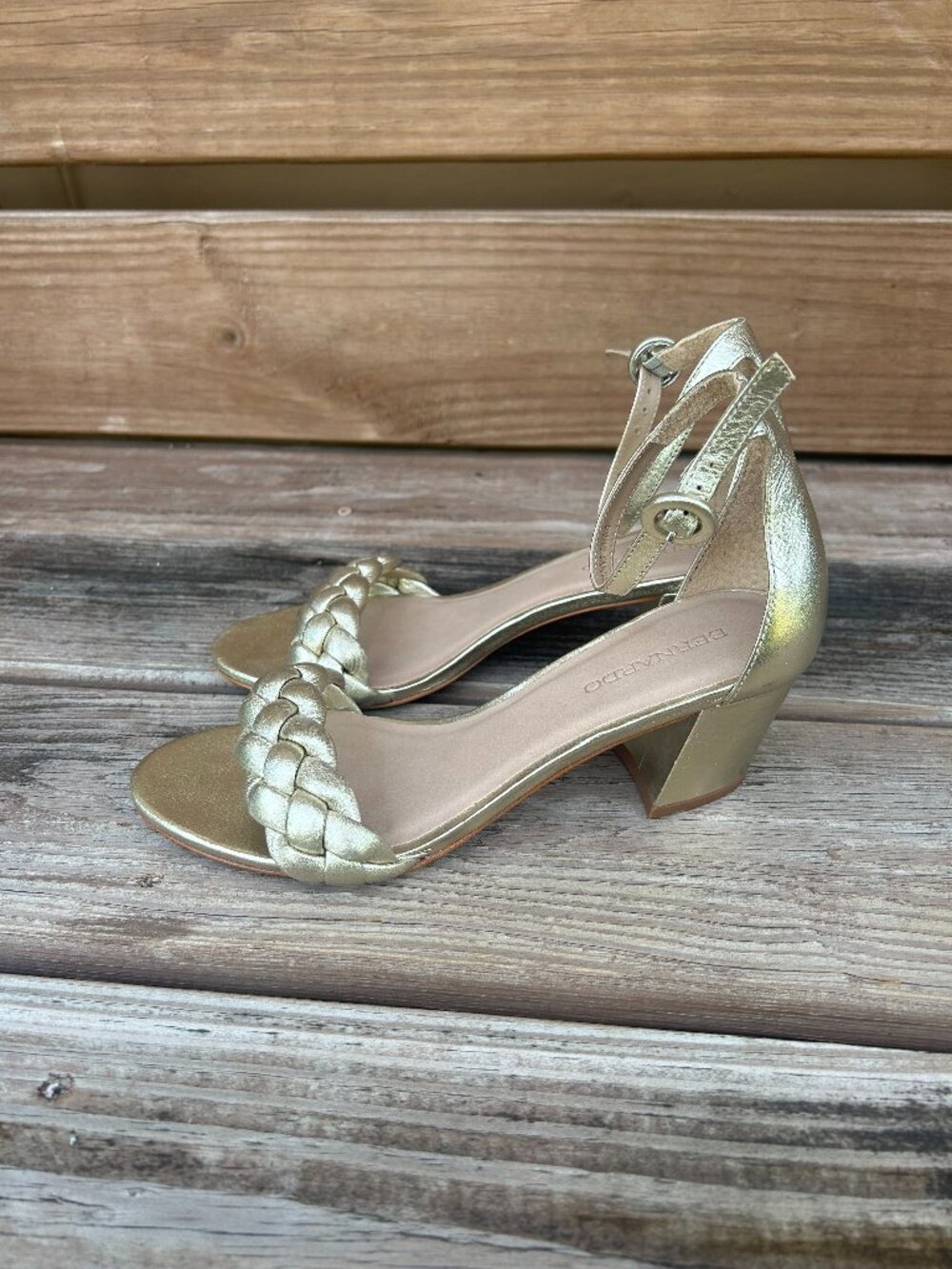 Bernardo Metallic Gold Bethany Braided Ankle Strap Heels Leather Sandals Size 8